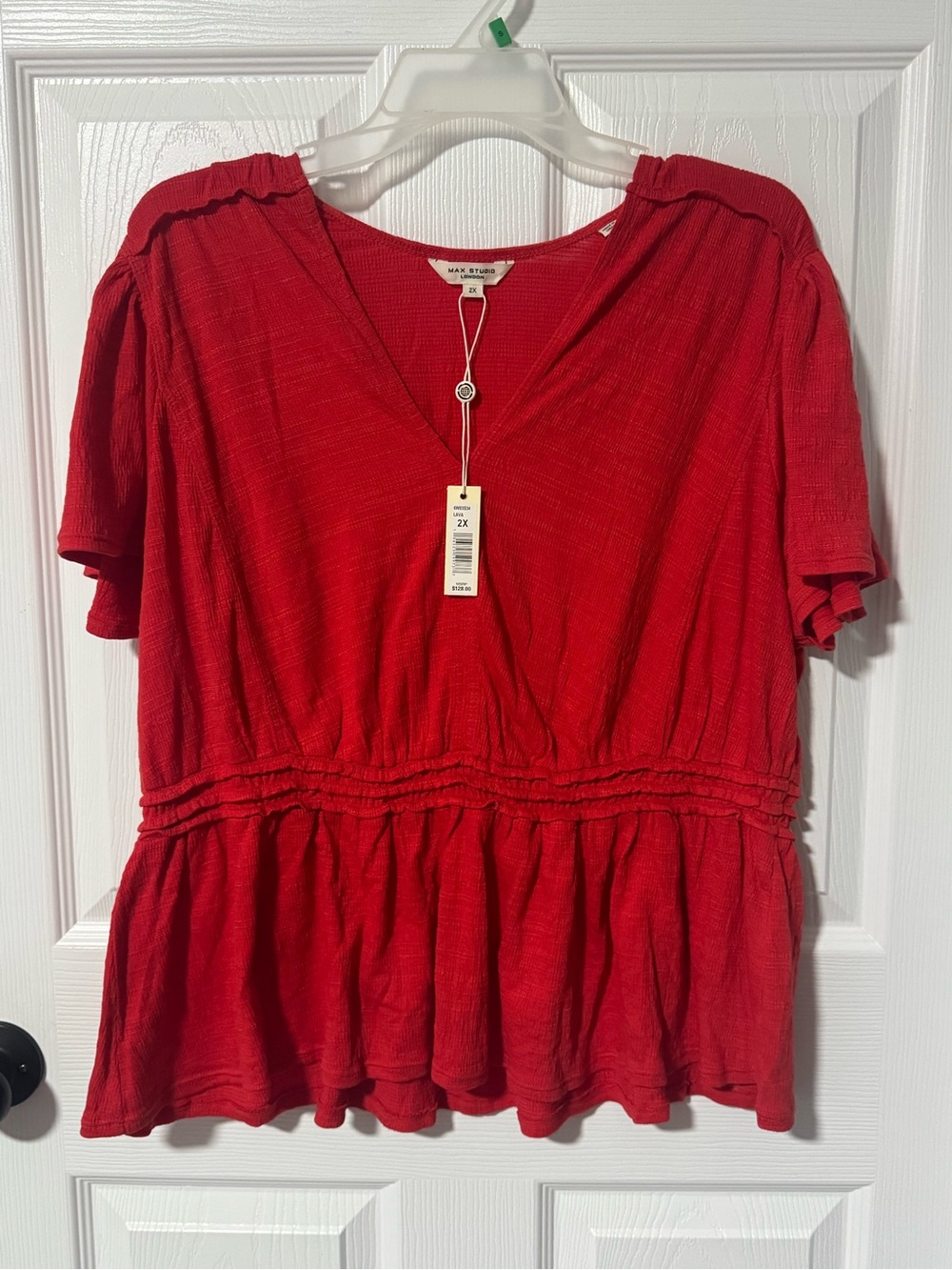 Max Studio Red V-Neck Peplum Short Sleeve Top